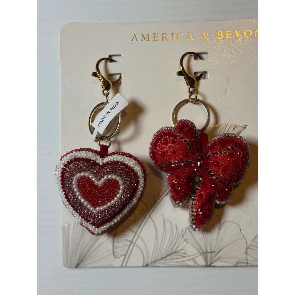 America & Beyond Keychain Bag Charm Red Heart Bow Beaded Rhinestone Set of 2 OS